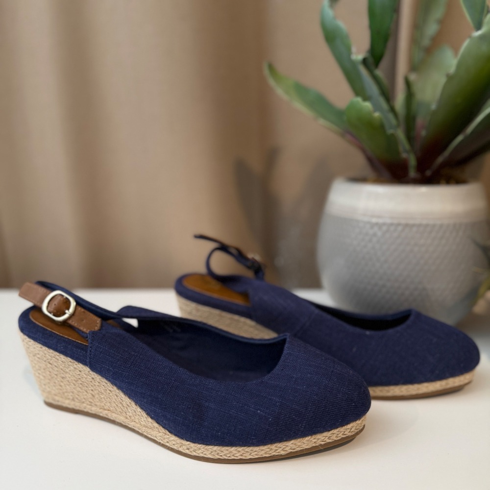 Evans Navy Blue Linen Espadrille Wedge Sandals Extra Wide Fit‎ UK 7 US 9